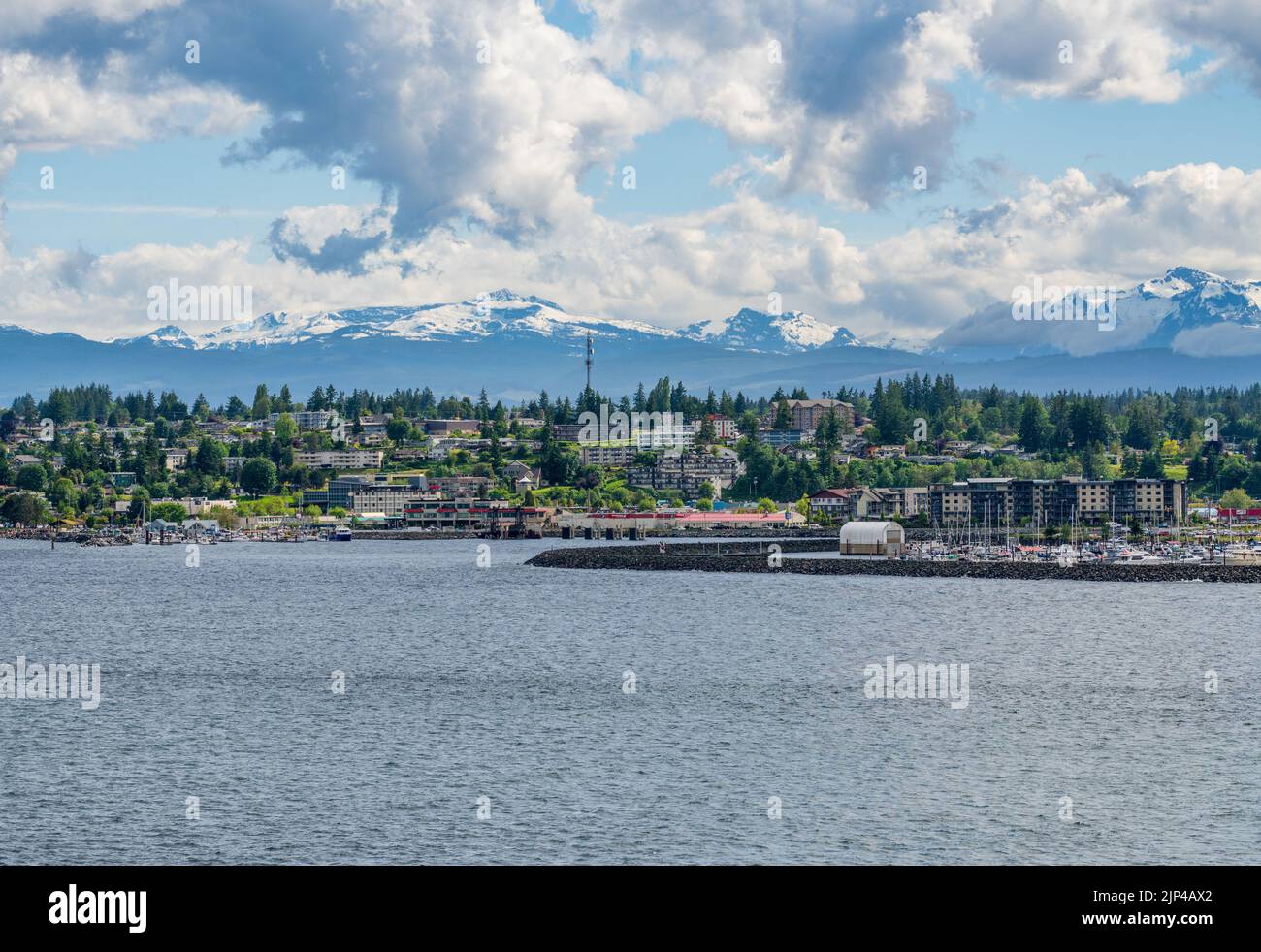 City of Campbell River with mountains behind taken from Discovery Passage on cruise ship Stock Photo