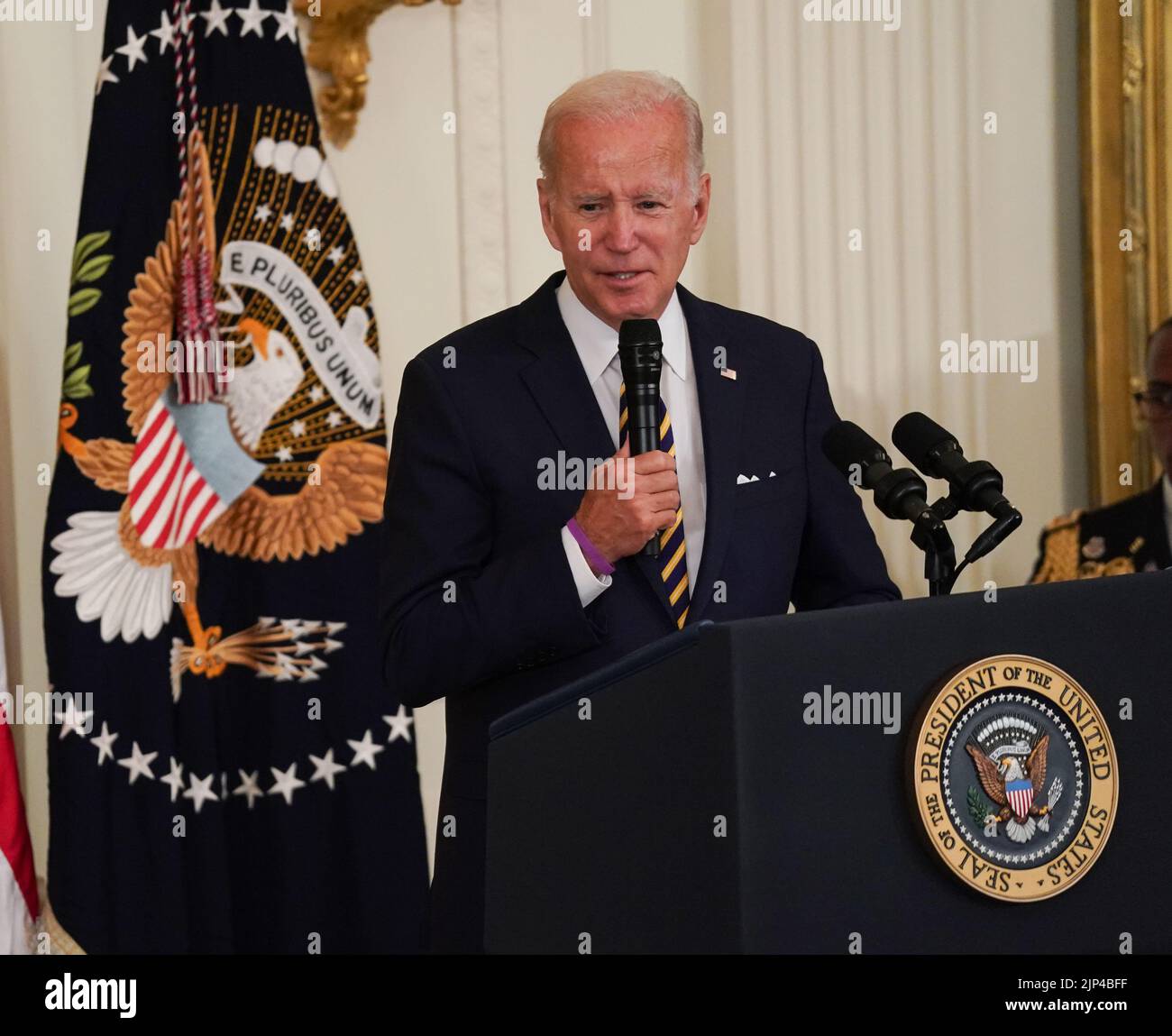 United States President Joe Biden speaks prior to his signing the bipartisan Promise to Address Comprehensive Toxics (PACT) Act in the East Room of the White House in Washington, DC on Wednesday, August 10, 2022. The legislation will help deliver more timely benefits and services to more than 5 million veterans who may have been impacted by toxic exposures while serving in the United States Armed forces. The legislation honors Sergeant First Class Heath Robinson who died due to a rare from of lung cancer. Credit: Jemal Countess/CNP/AdMedia Stock Photo