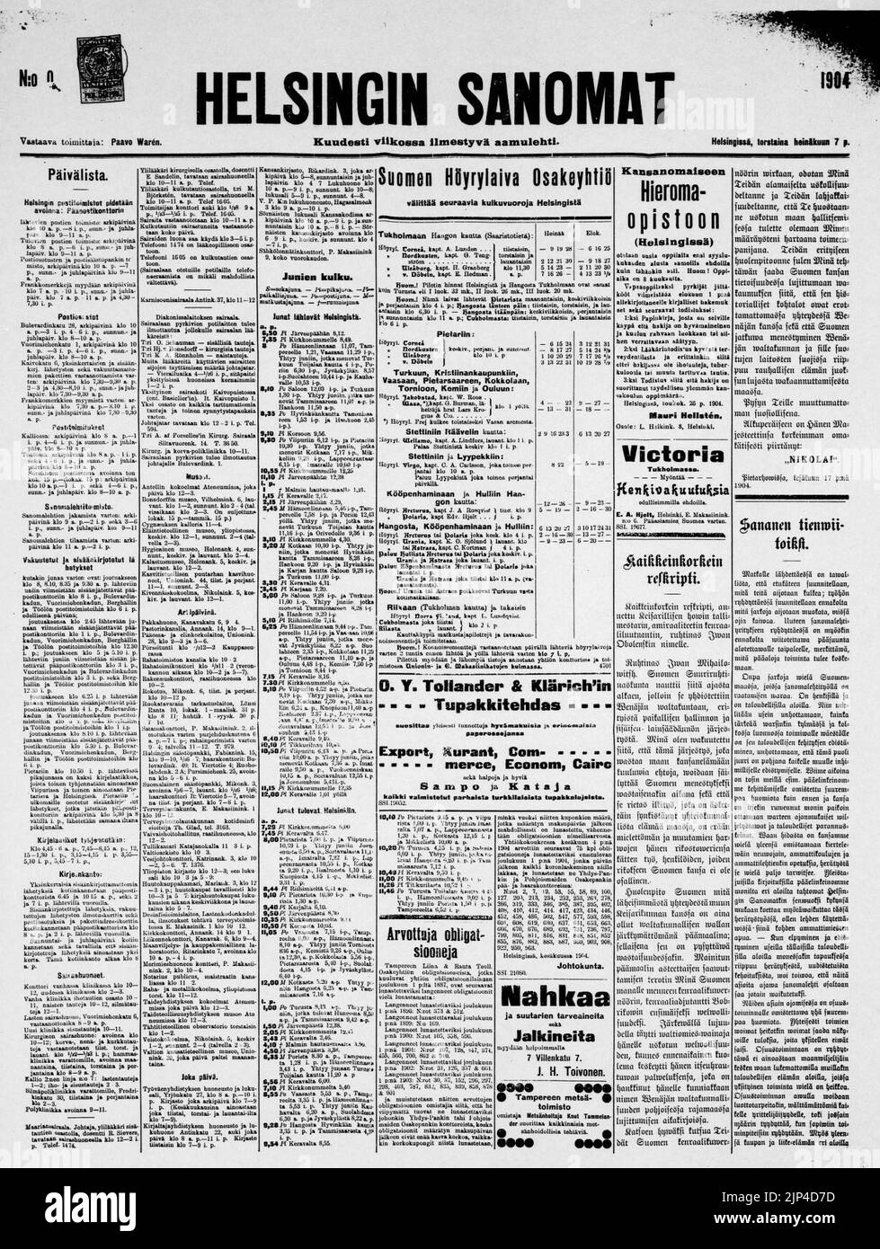 The front page of the Helsingin Sanomat for July 7, 1904 Stock Photo