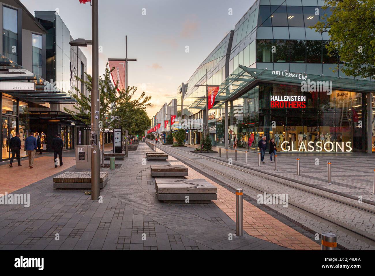 Sunset on Cashel Street, a popular shopping street in downtown Christchurch, New Zealand. Stock Photo
