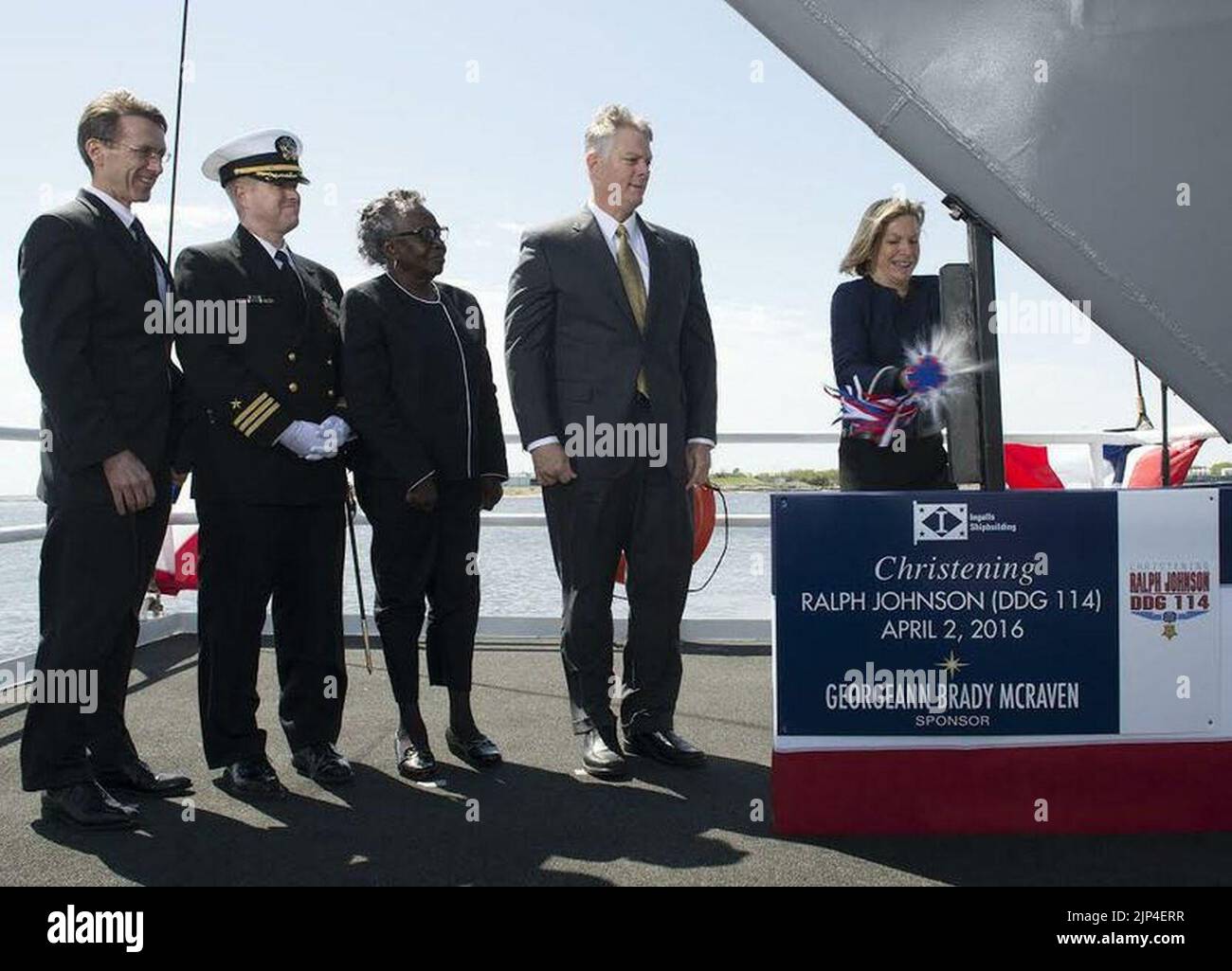 The future USS Ralph Johnson (DDG 114) is christened. (25628605164) Stock Photo