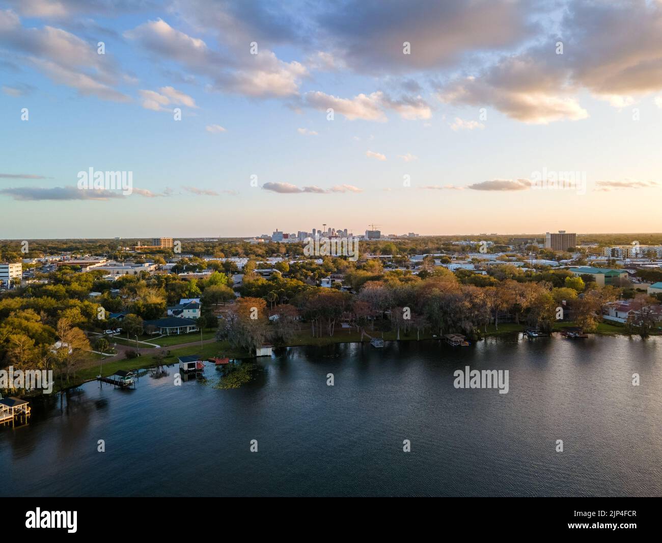 Aerial view of downtown Orlando from Winter Park, Florida above Lake