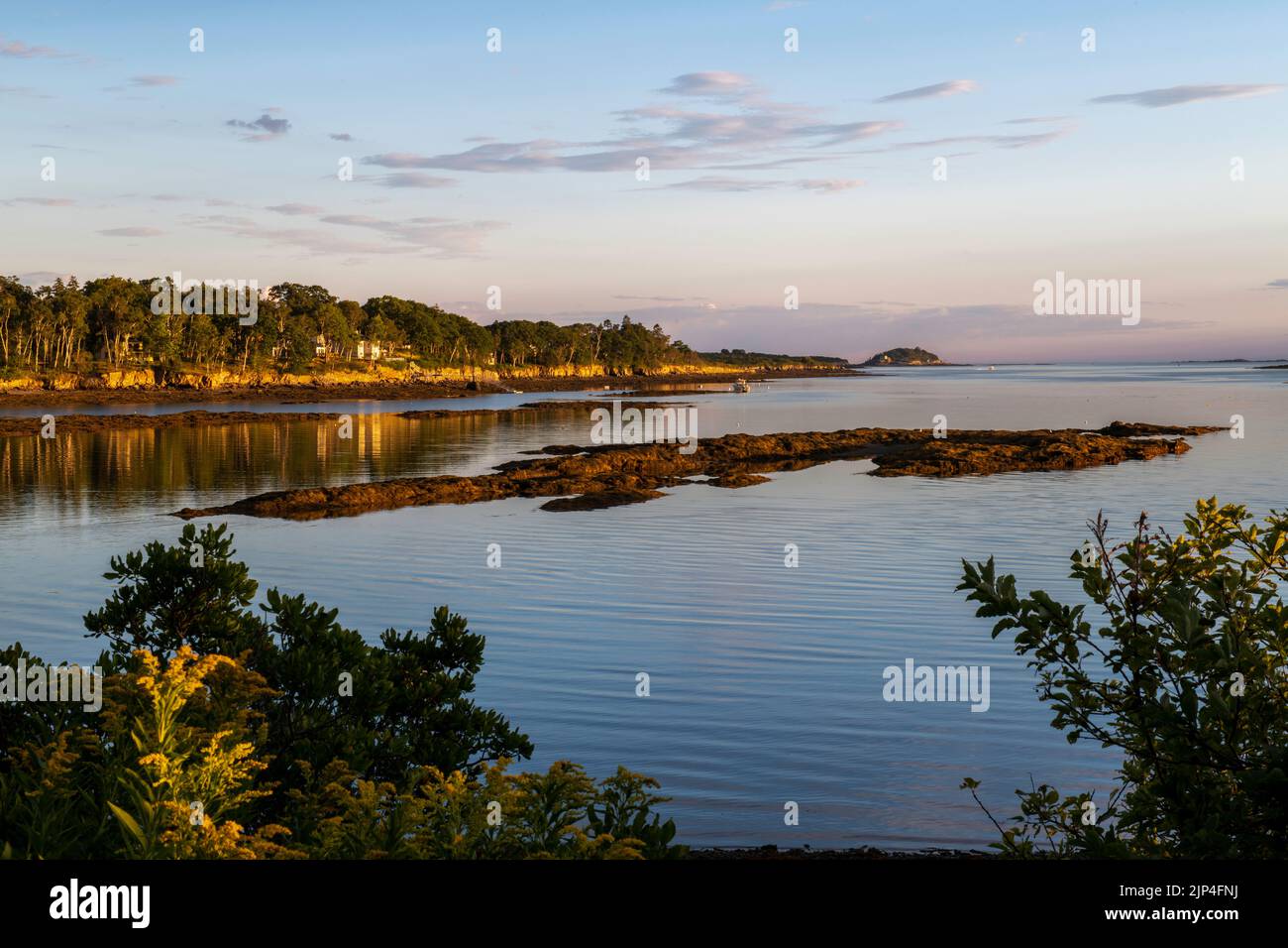 August 13, 2022. 6:16 pm.  View at low tide of Casco Bay from Barnes Island.  Harpswell Neck is shoreline in middle. Stock Photo