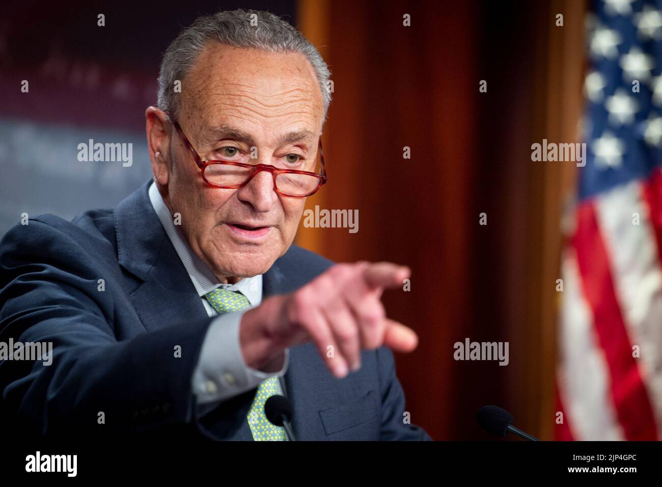 Washington, United States Of America. 28th July, 2022. United States Senate Majority Leader Chuck Schumer (Democrat of New York) responds to questions during a press conference regarding recent legislation at the US Capitol in Washington, DC, Thursday, July 28, 2022. Credit: Rod Lamkey/CNP/AdMedia/Newscom/Alamy Live News Stock Photo
