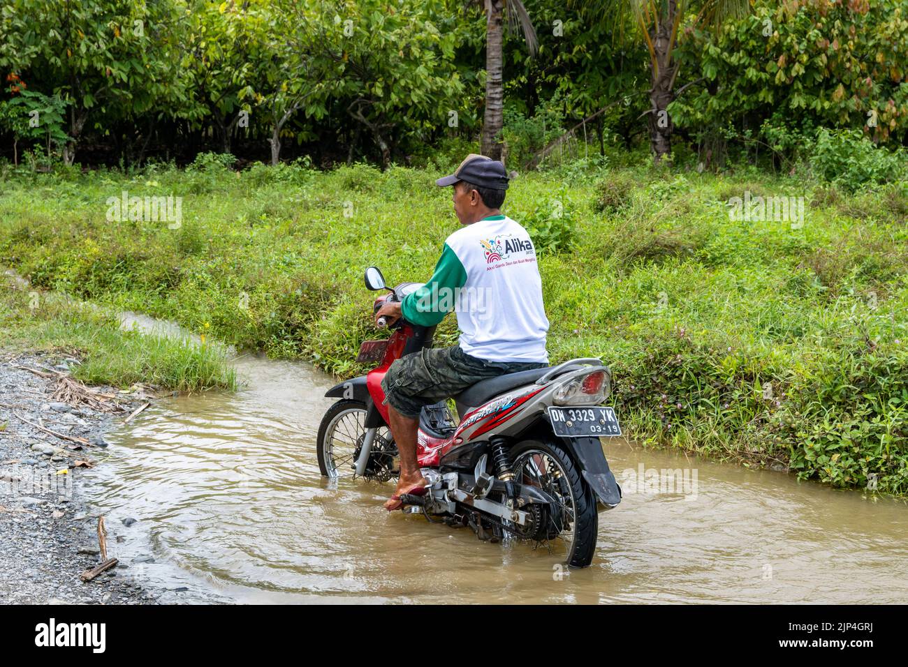A local man washing his motor bike in a puddle. Sulawesi, Indonesia. Stock Photo