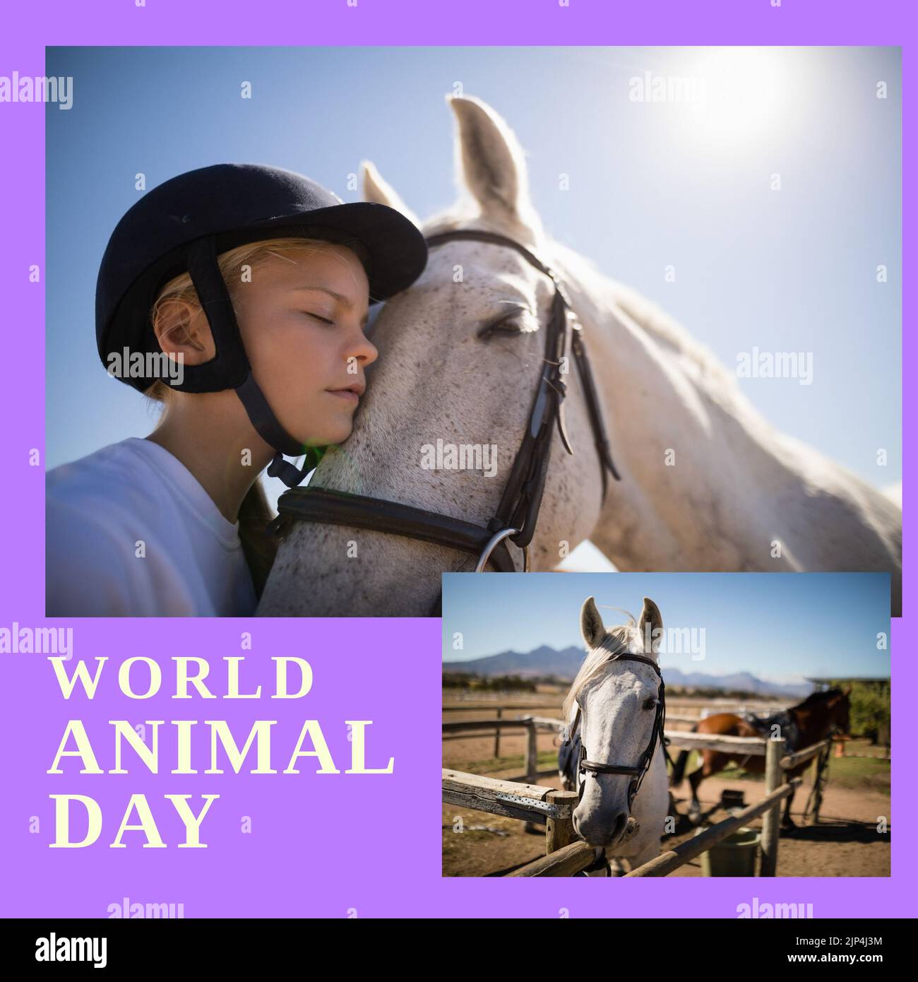 Composition of world animal day text over caucasian girl embracing