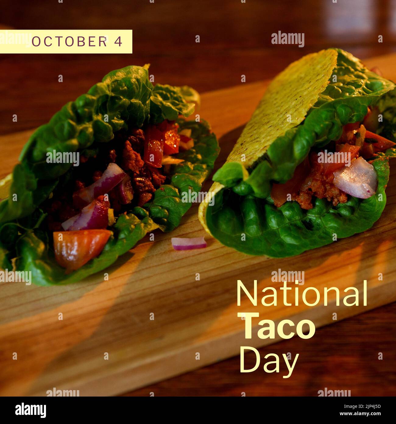 Composition of october 4 national taco day text with tacos on cutboard