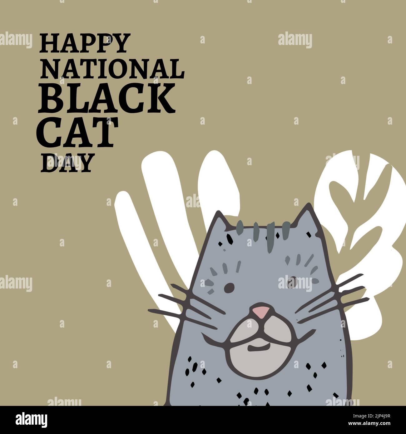 Composition of national black cat day text over gray cat. National