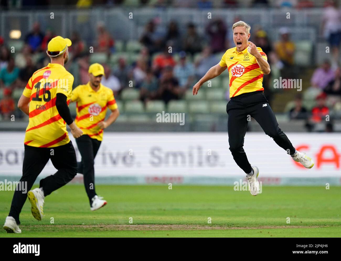 Trent Rockets' Luke Wood celebrates the wicket of Birmingham Phoenix's ...