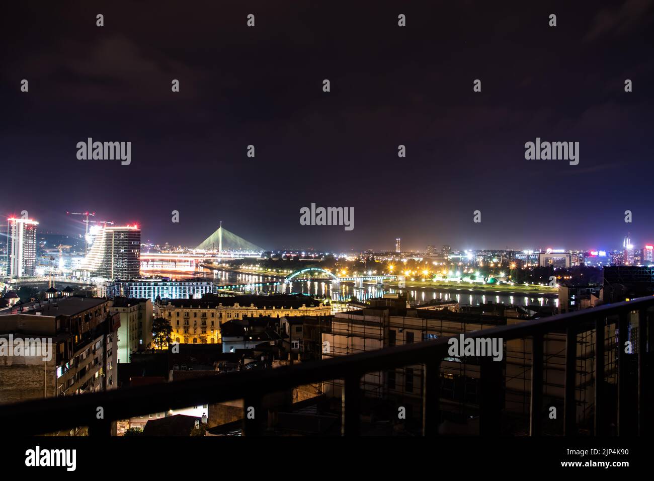 Panoramic night view on Belgrade, (Beograd in Serbian), or river Danube and old but also new part of town Stock Photo