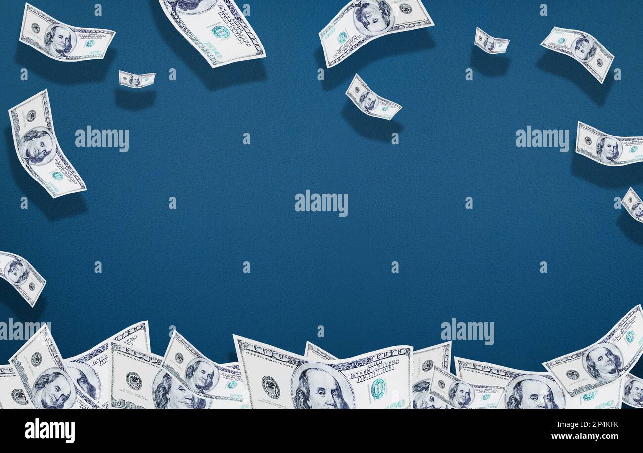 Its about how you surround yourself. a frame constructed from dollar bills against a blue background. Stock Photo