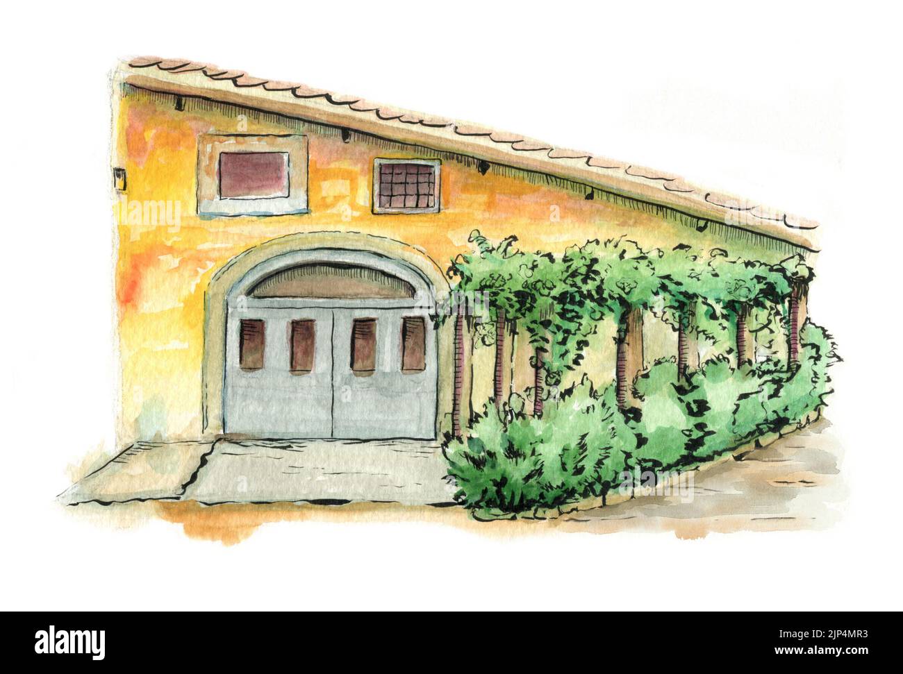 Front view of a rural building. Original watercolor on paper. Stock Photo