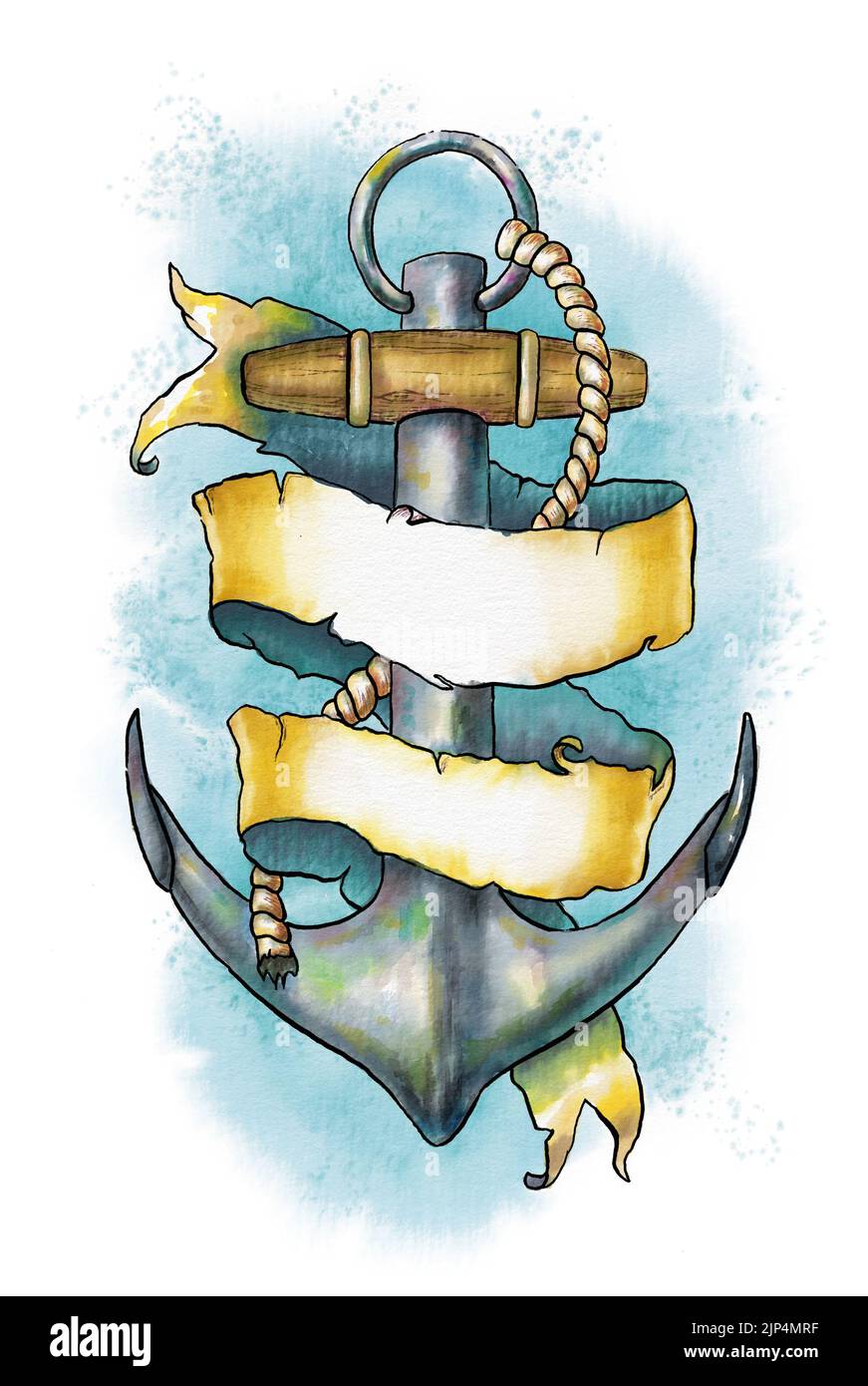Nautical themed composition with and anchor and a banner. Digital watercolor. Stock Photo