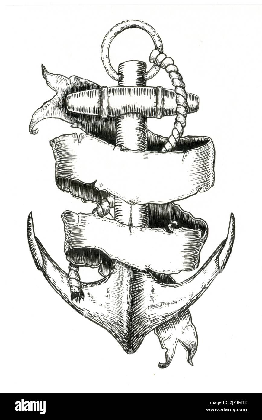 Nautical themed composition with and anchor and a banner. Ink illustration on paper. Stock Photo