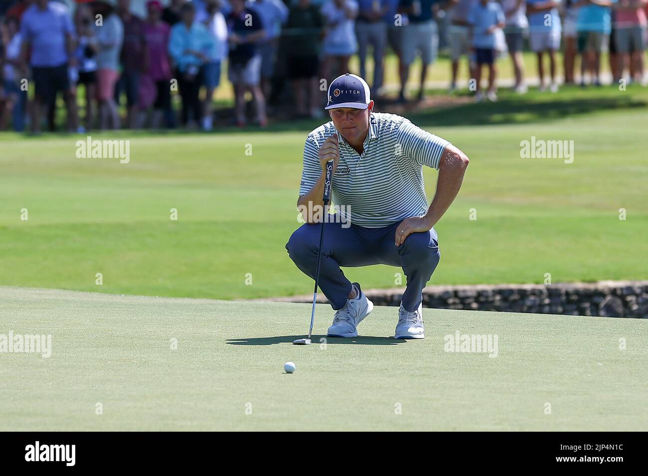 August 14, 2022: Trey Mullinax sizes up his putt during the final round of the FedEx St. Jude Championship golf tournament at TPC Southwind in Memphis, TN. Gray Siegel/Cal Sport Media Stock Photo