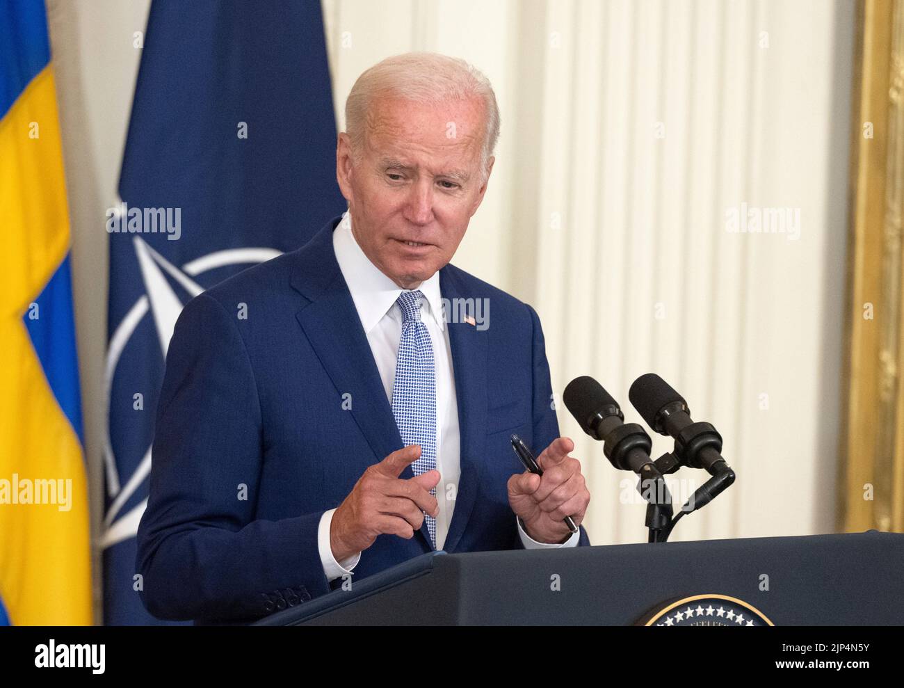 Washington, United States Of America. 09th Aug, 2022. United States President Joe Biden delivers remarks prior to signing the Instruments of Ratification for the Accession Protocols to the North Atlantic Treaty for the Republic of Finland and Kingdom of Sweden in the East Room of the White House in Washington, DC on Tuesday, August 9, 2022. Credit: Ron Sachs/Pool via CNP/AdMedia/Newscom/Alamy Live News Stock Photo