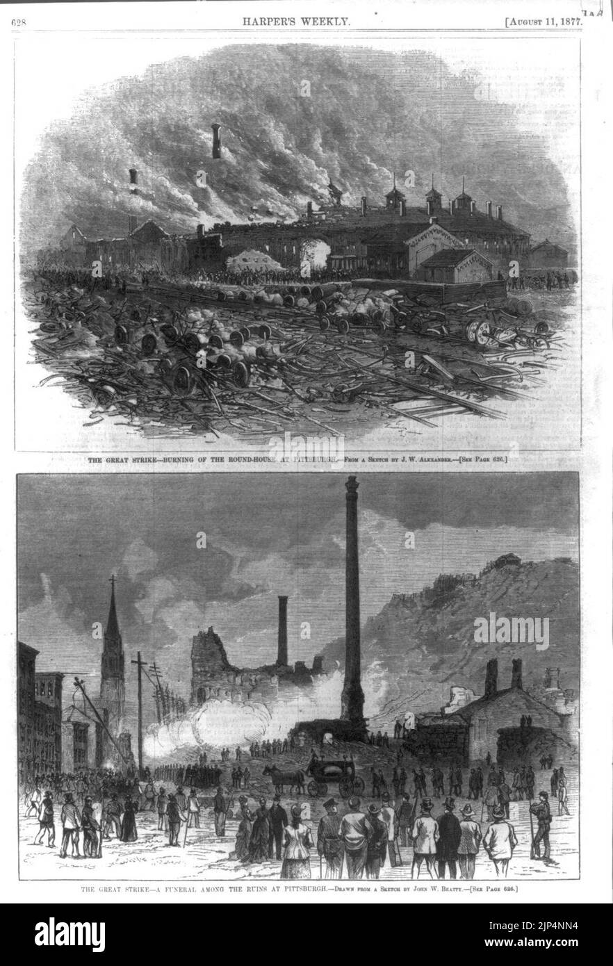 The Great (railroad) Strike (Pittsburgh, Pa. 1877)- Burning of the Round-house at Pittsburgh; A funeral among the ruins... (2 scenes (single page)) Stock Photo