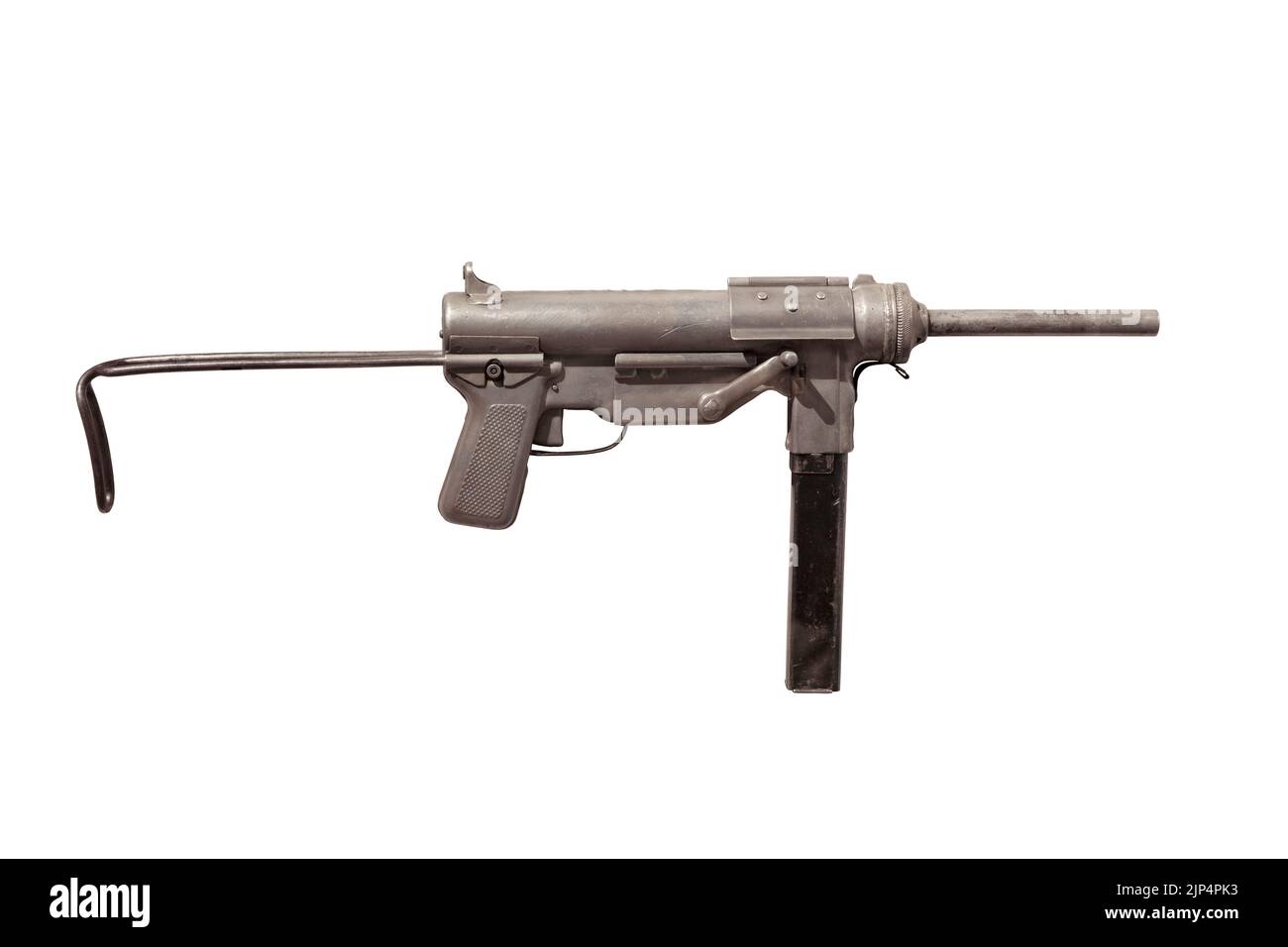 M3 submachine gun also known as a grease gun isolated on a white background Stock Photo