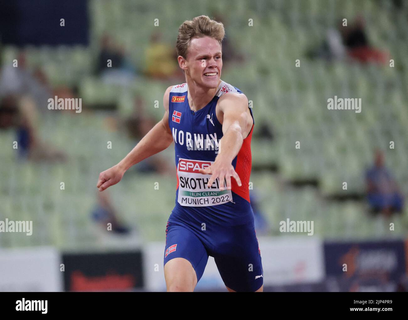 Athletics - 2022 European Championships - Olympiastadion, Munich, Germany - August 15, 2022 Norway's Sander Skotheim in action during the men's decathlon 400m heats REUTERS/Wolfgang Rattay Stock Photo