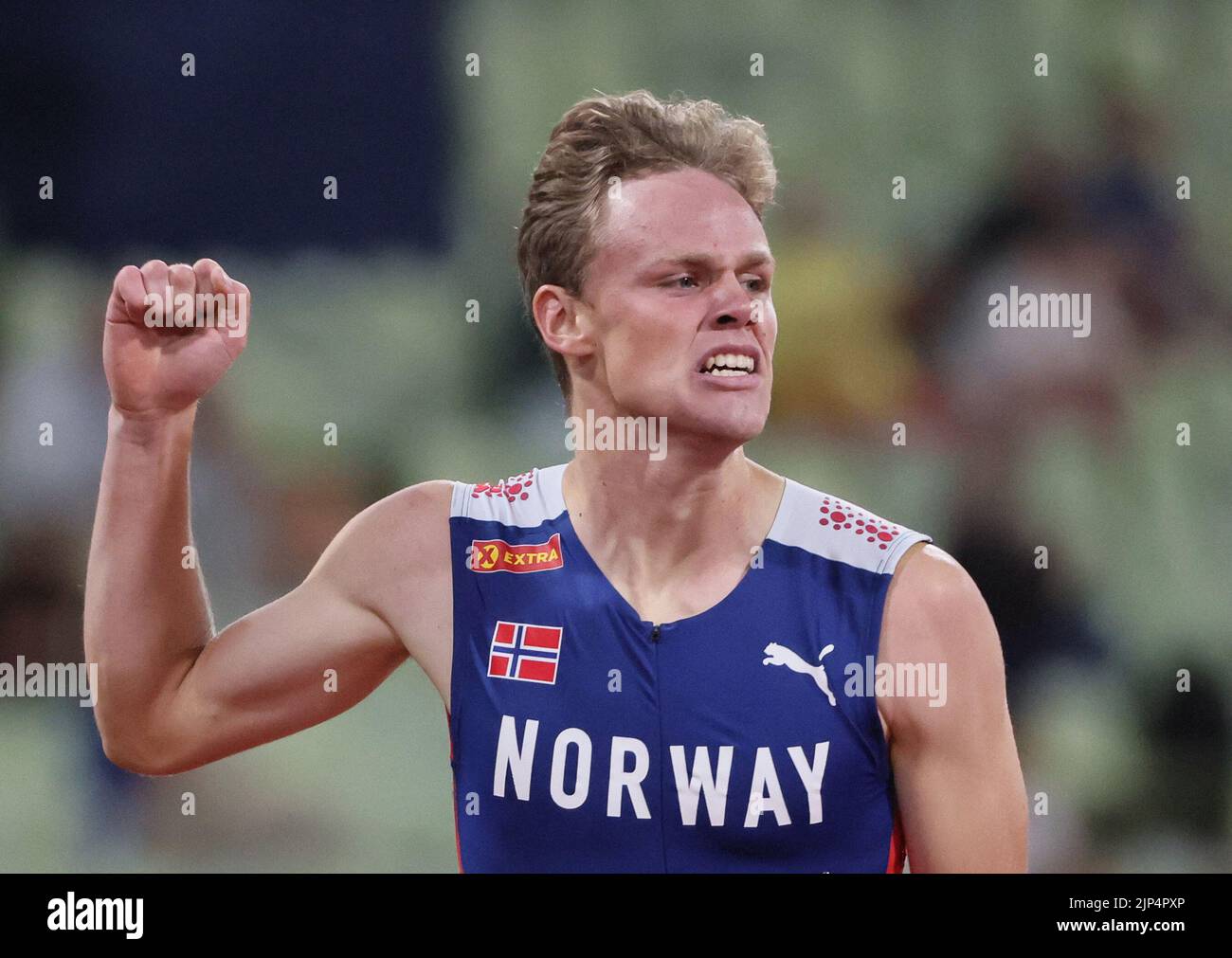 Athletics - 2022 European Championships - Olympiastadion, Munich, Germany - August 15, 2022 Norway's Sander Skotheim reacts after winning his men's decathlon 400m heat REUTERS/Wolfgang Rattay Stock Photo