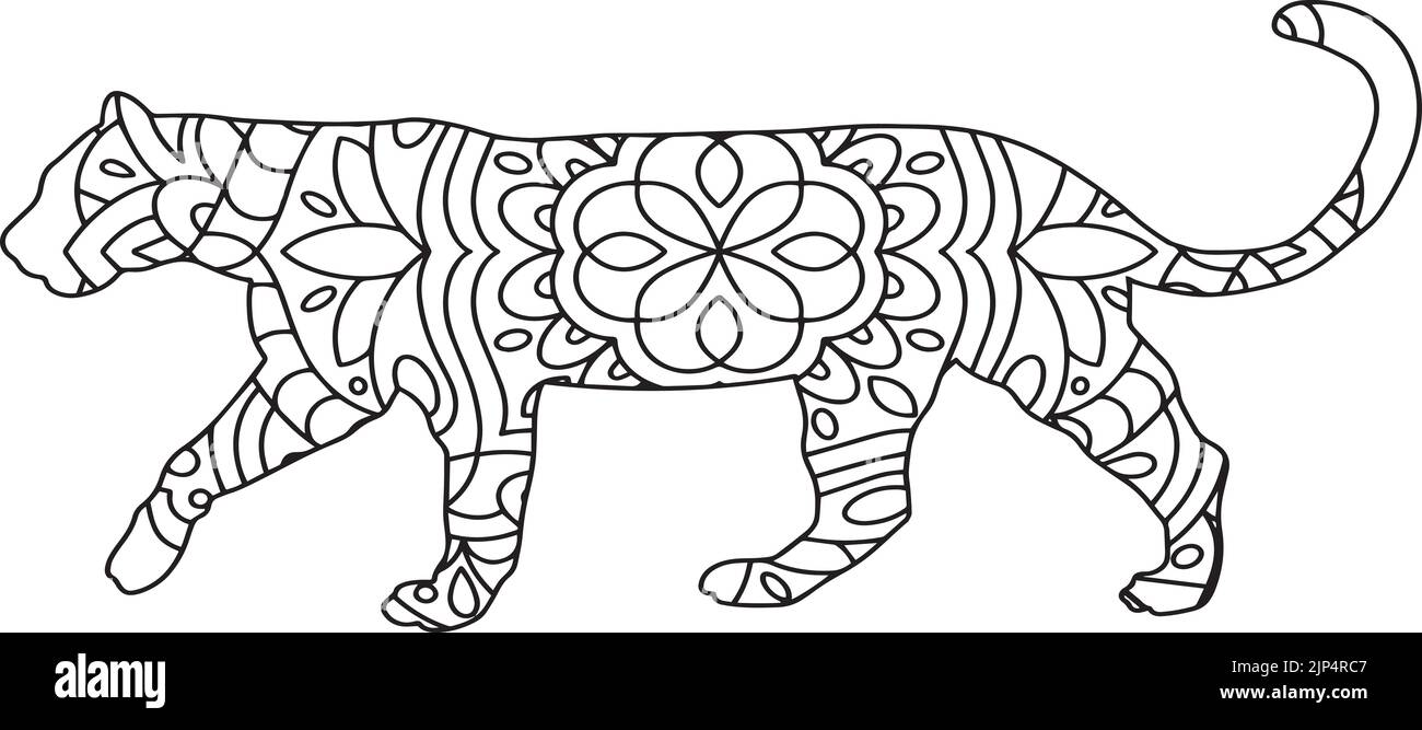 An isolated illustration of a leopard with floral patterns on a white ...