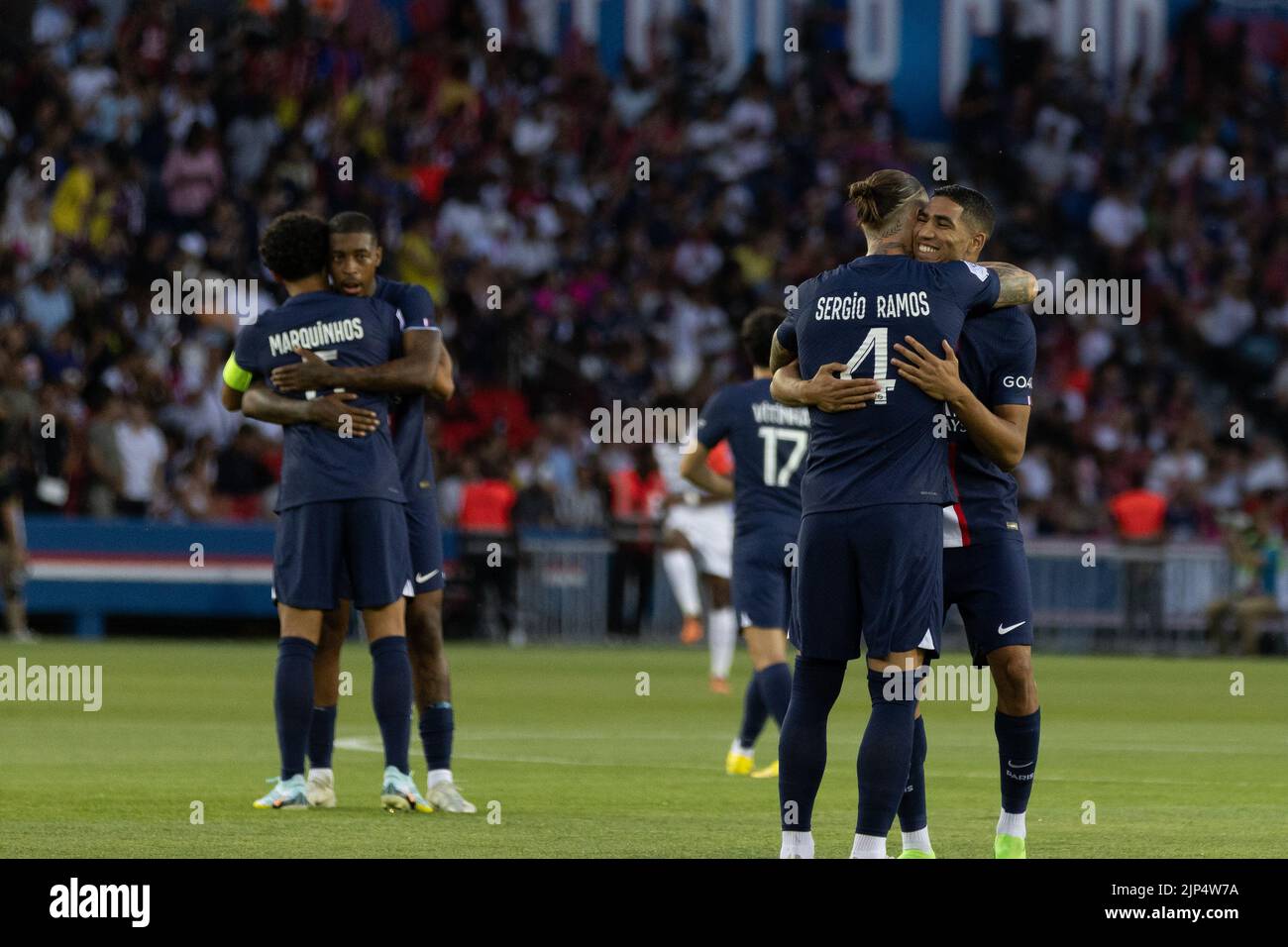 The defensemen of PSG all hugging before the game Stock Photo