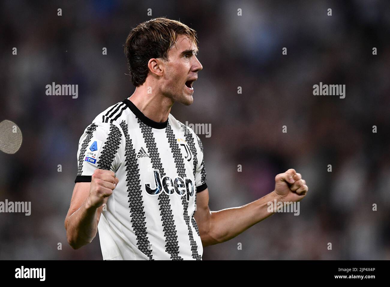 Turin, Italy. 15 August 2022. Dusan Vlahovic of Juventus FC celebrates after scoring a goal during the Serie A football match between Juventus FC and US Sassuolo. Credit: Nicolò Campo/Alamy Live News Stock Photo