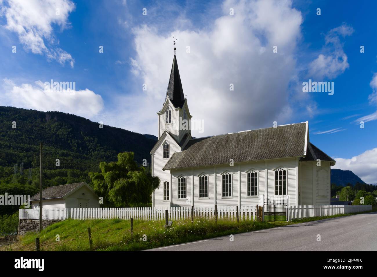 White church in Norway in Europe big panorama nice weather nordic Stock Photo