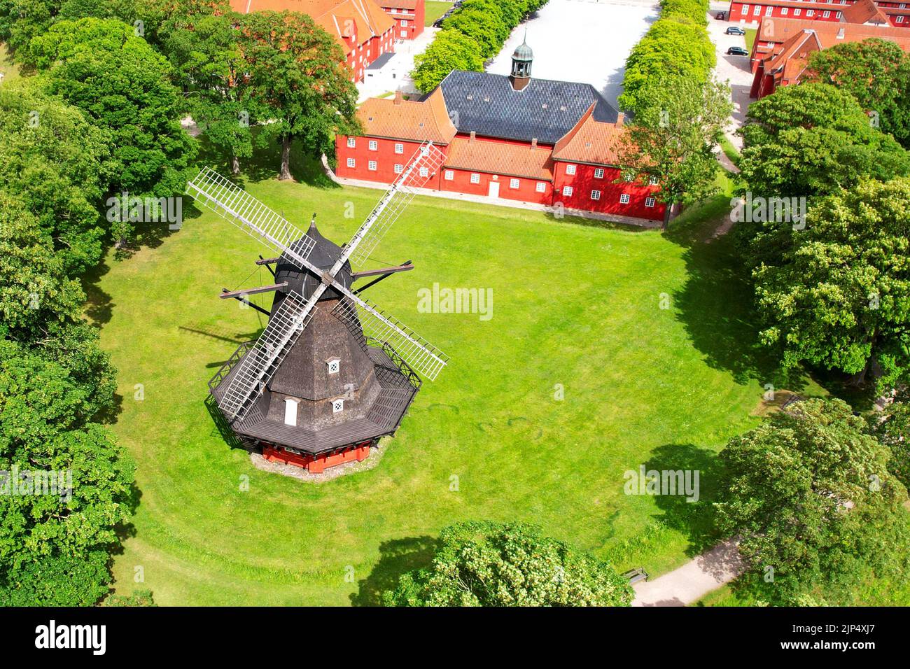 Windmill in city Copenhagen Denmark Europe the aerial drone view Stock Photo