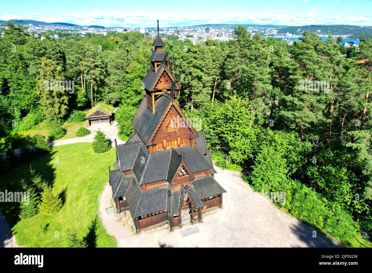 Wooden church “Gol Stave stavkyrkje” in the city of Oslo in Norway Europe on the island aerial view Stock Photo