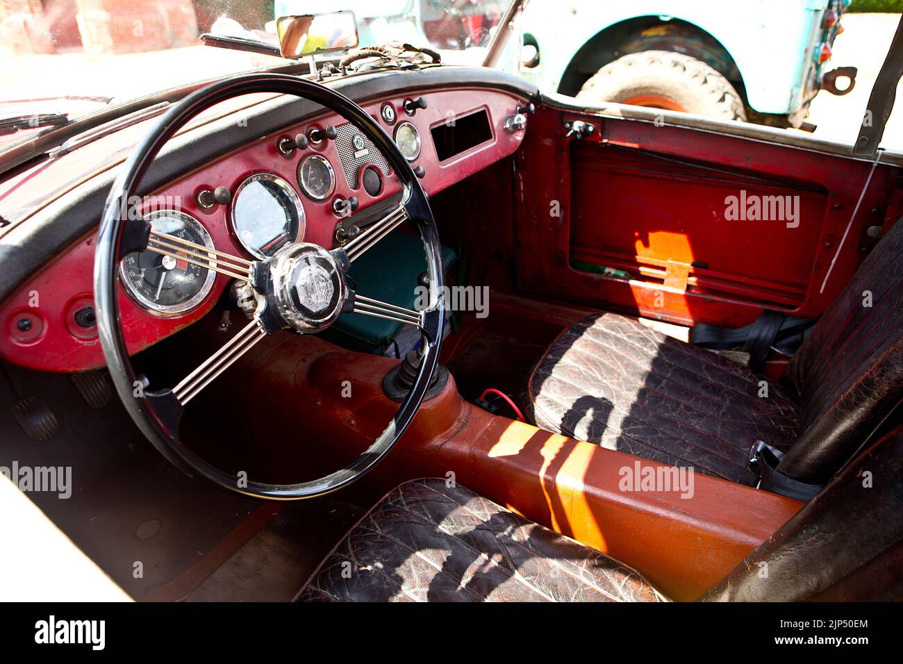 Interior of 1950s / early 60s MGA at the 'Patina' car show, (a Festival of the Unpresentable & a celebration of the Unrestored), at Lullingstone Castl Stock Photo