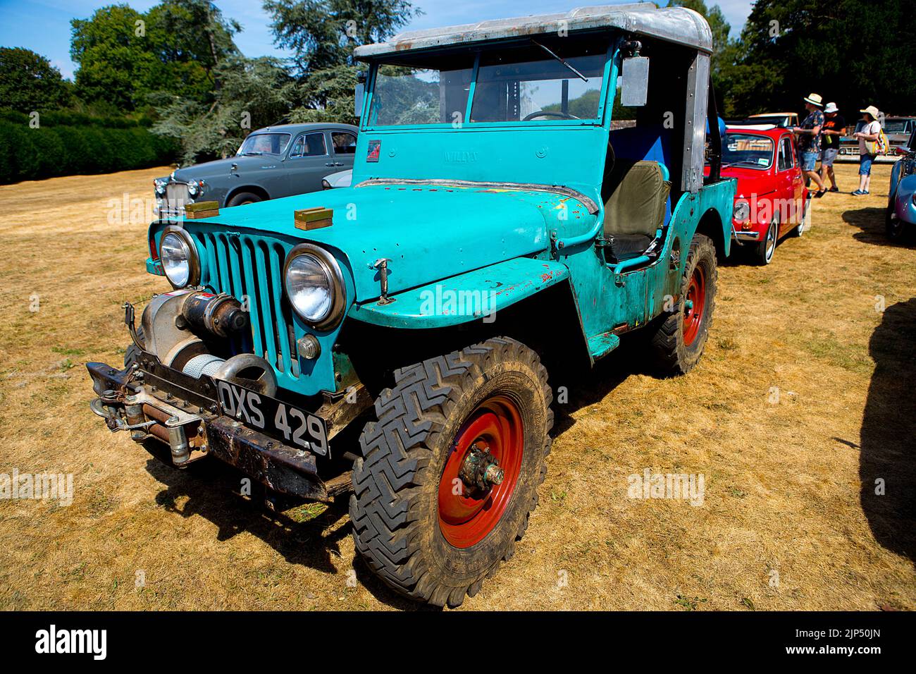 Vintage Willys Jeep CJ2A at the 'Patina' car show, (a Festival of the Unpresentable & a celebration of the Unrestored), at Lullingstone Castle, Eynsfo Stock Photo