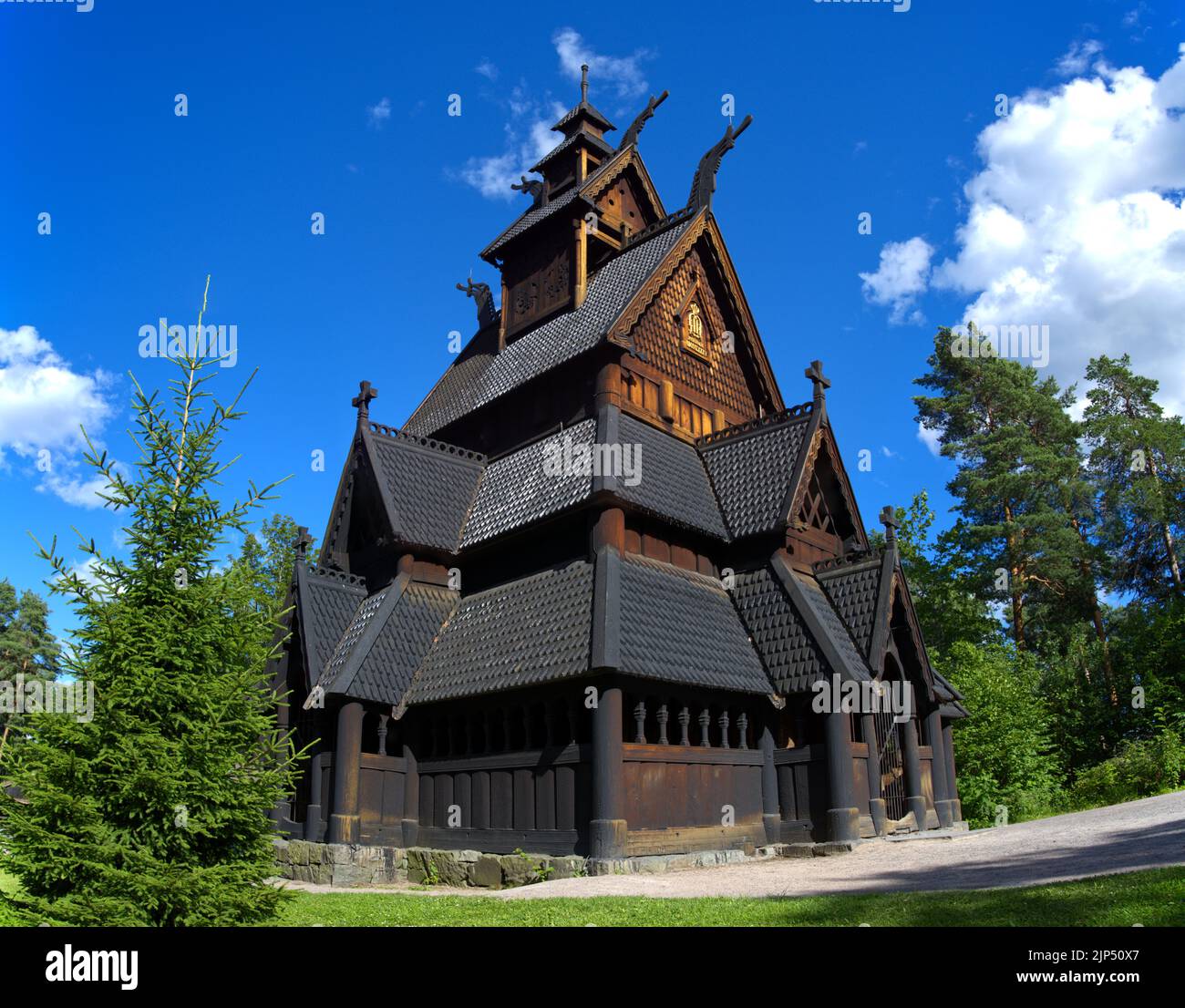 Wooden church “Gol Stave stavkyrkje” in the city of Oslo in Norway Europe on the island Stock Photo