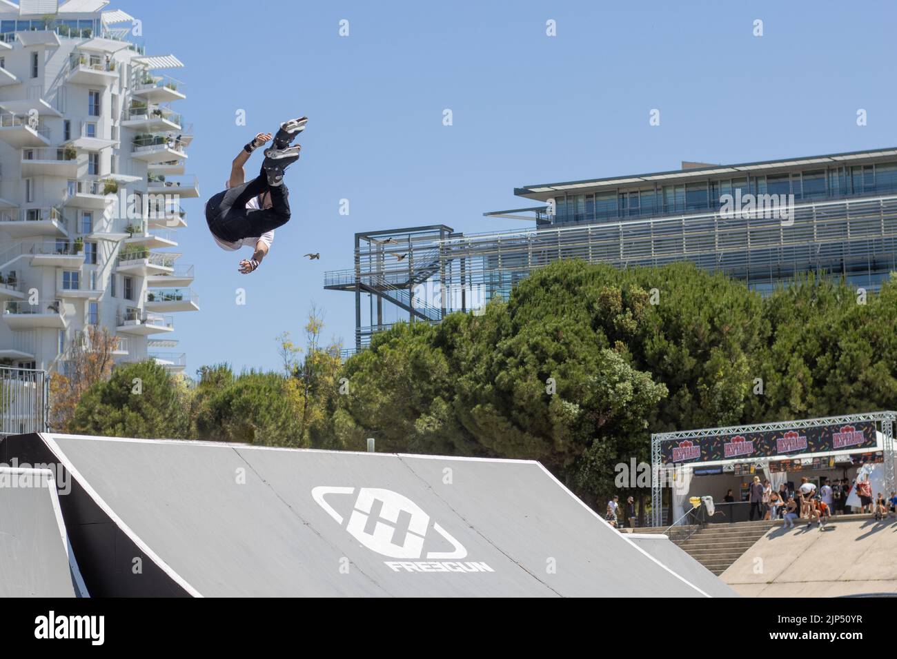 A roller-skater doing a jump for the International Festival of Extreme Sport in Montpellier, France Stock Photo
