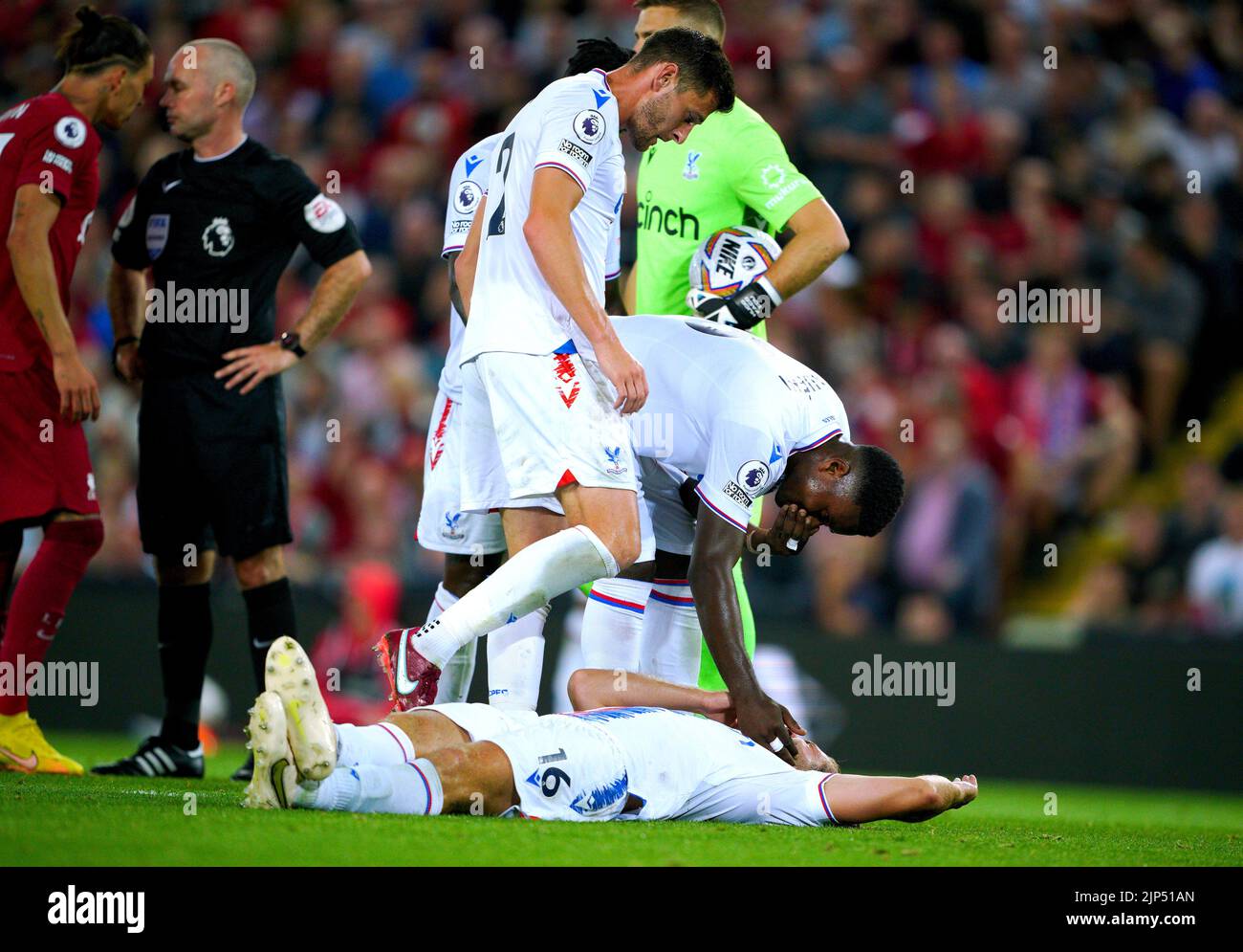 Crystal Palace's Joachim Andersen lies on the ground after being fouled by Liverpool's Darwin Nunez during the Premier League match at Anfield, Liverpool. Picture date: Monday August 15, 2022. Stock Photo