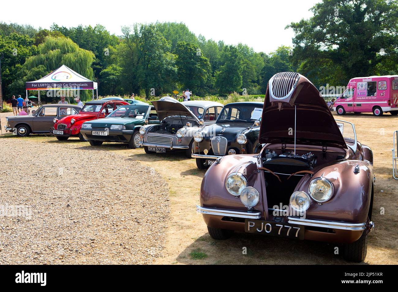 1949 Jaguar XK 120, (foreground), and line up of cars at the 'Patina' car show, (a Festival of the Unpresentable & a celebration of the Unrestored), a Stock Photo