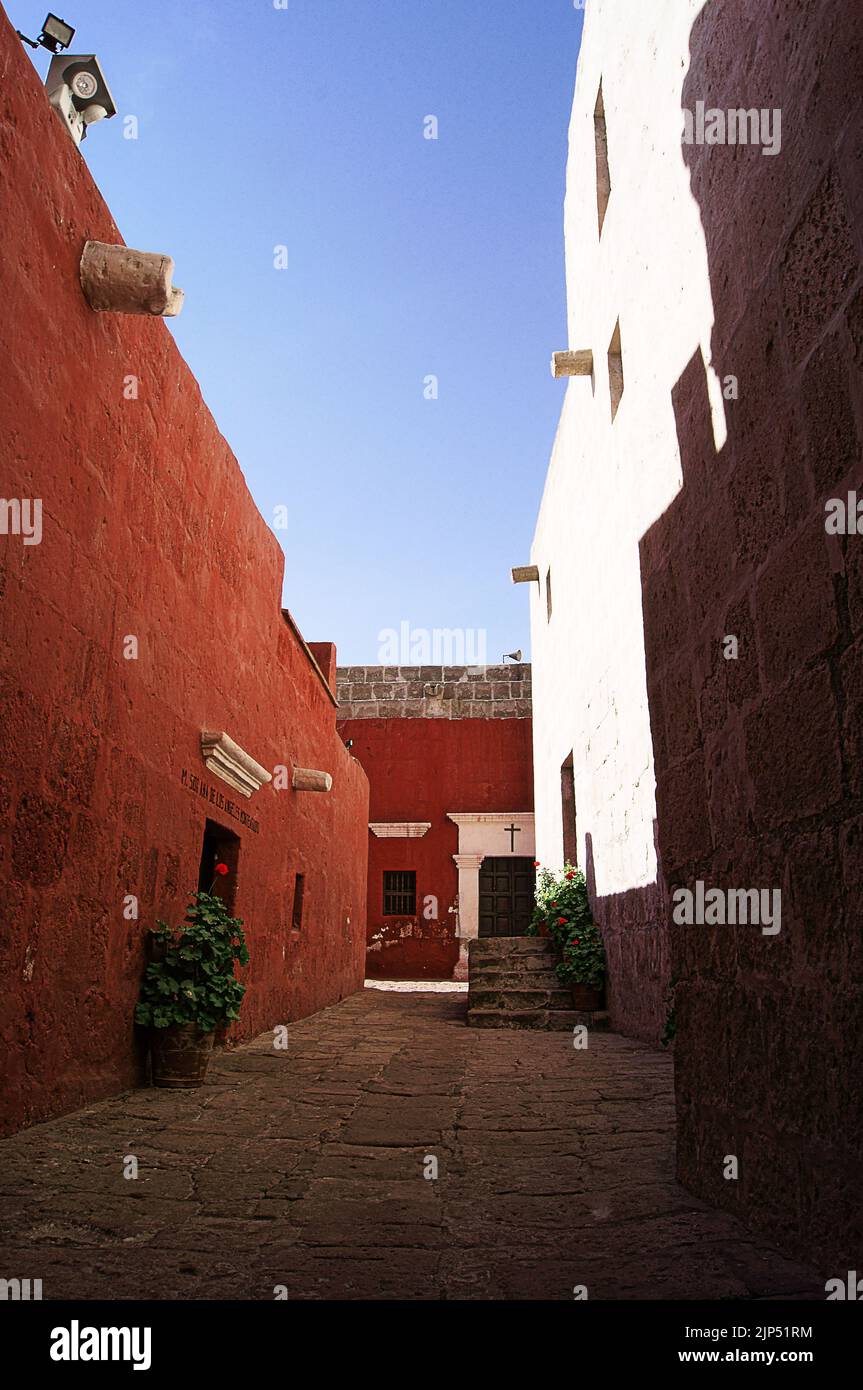 A vertical shot of a narrow alley in old city in Peru, Lima Stock Photo