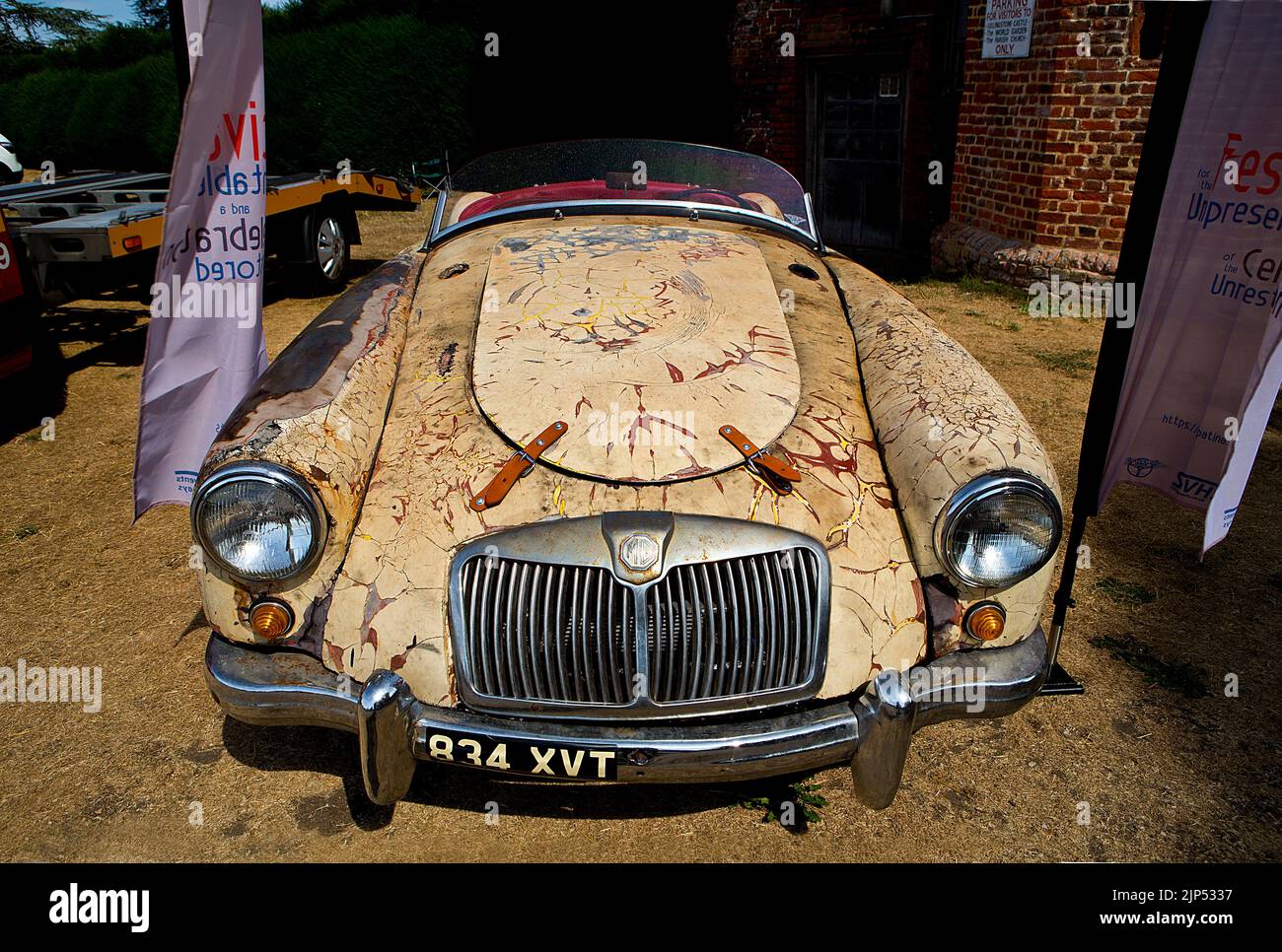 1950s early 60s MGA at the "Patina" car show, (a Festival of the Unpresentable & a celebration of the Unrestored), at Lullingstone Castle, Eynsford, K Stock Photo