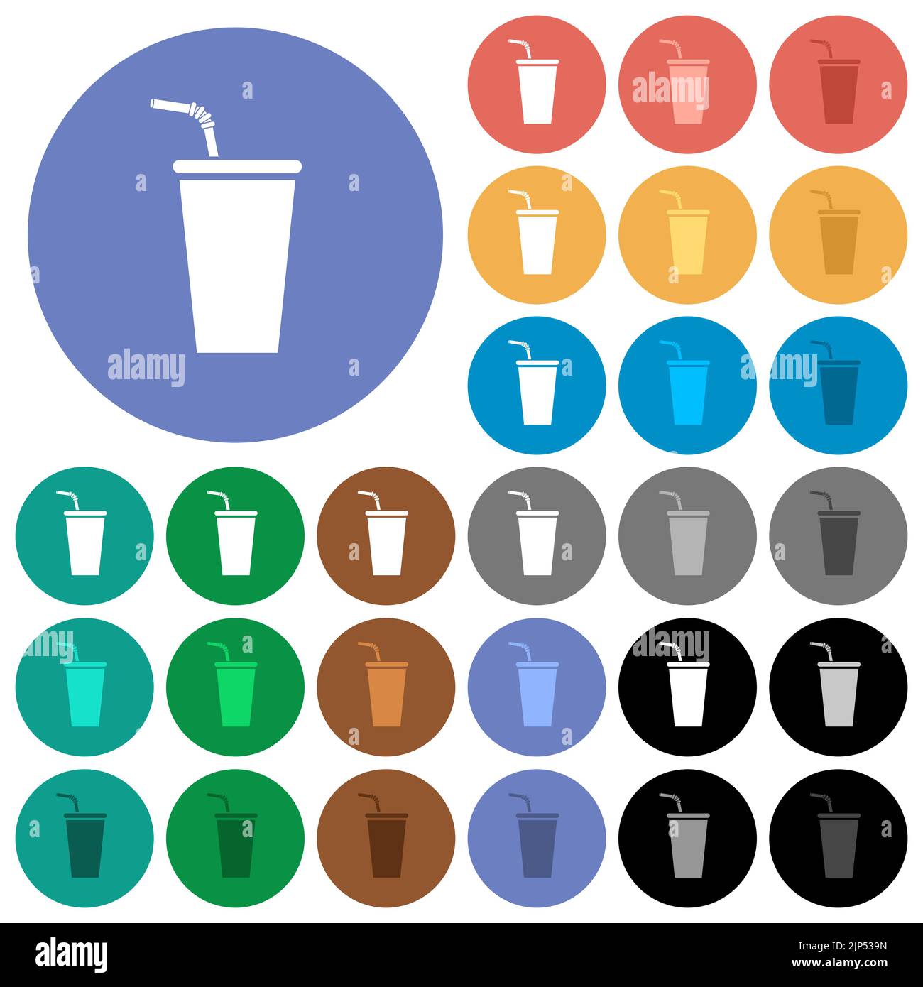 Disposable drinking cup with straw solid multi colored flat icons on round backgrounds. Included white, light and dark icon variations for hover and a Stock Vector