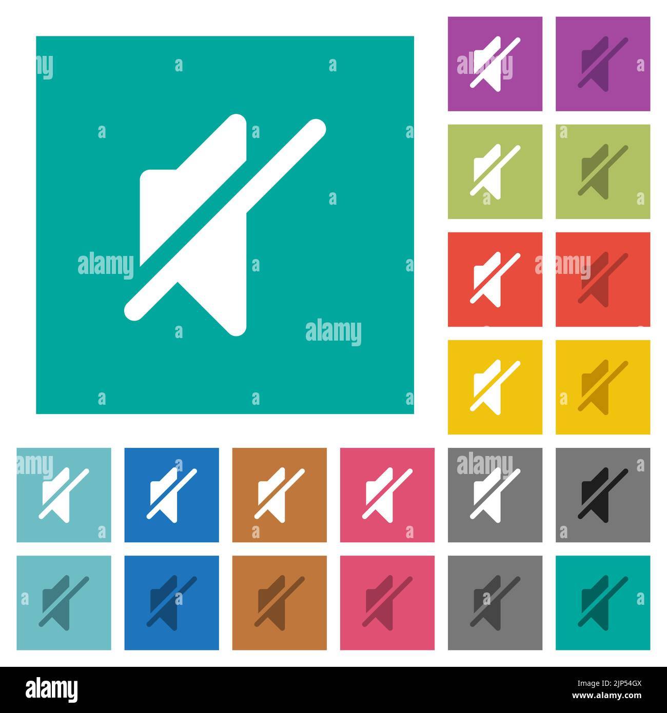 Mute solid multi colored flat icons on plain square backgrounds. Included white and darker icon variations for hover or active effects. Stock Vector