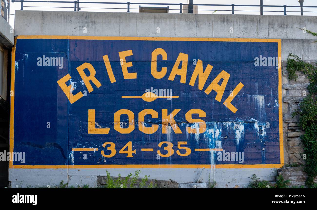 Erie Canal Locks 34-35 sign as viewed from a tour boat on the canal. Stock Photo
