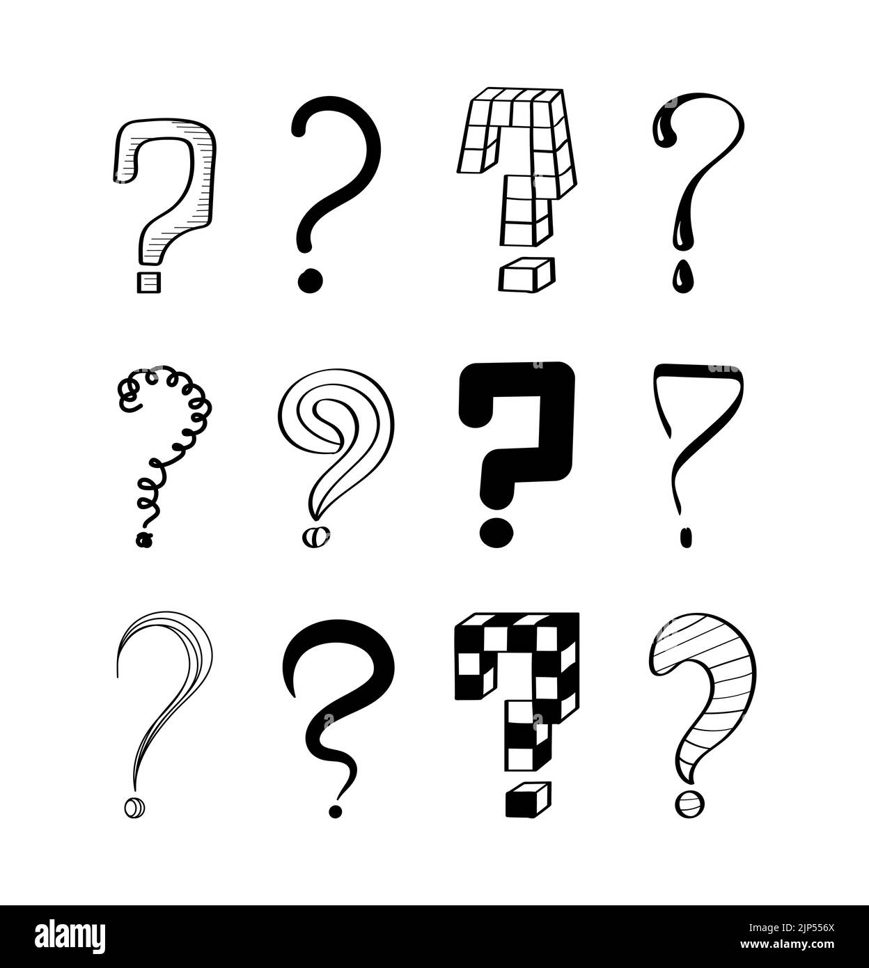 Question marks vector set. Ask signs in doodle, sketch style. Pen, inky