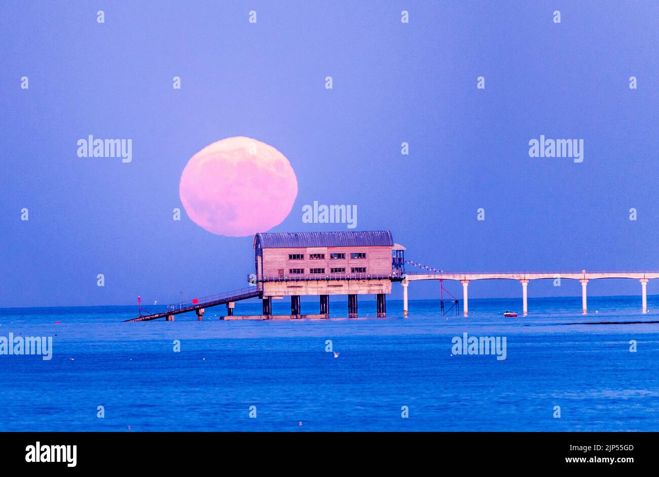 Sturgeon Full moon rising over boat shed and pier Stock Photo