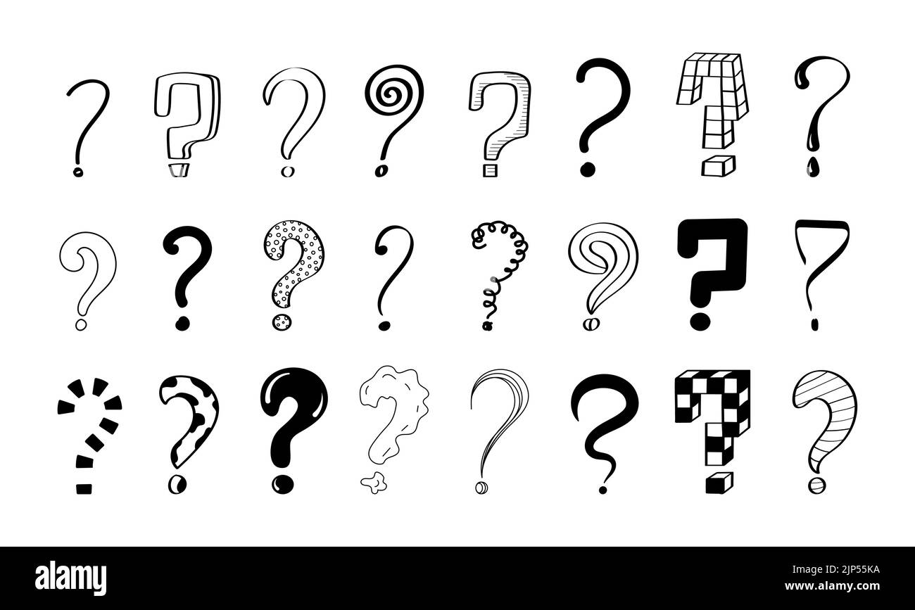 Question marks vector set. Ask signs in doodle, sketch style. Pen, inky