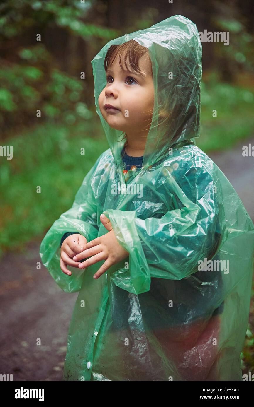 Charming child in a raincoat in the evening forest in Denmark Stock ...