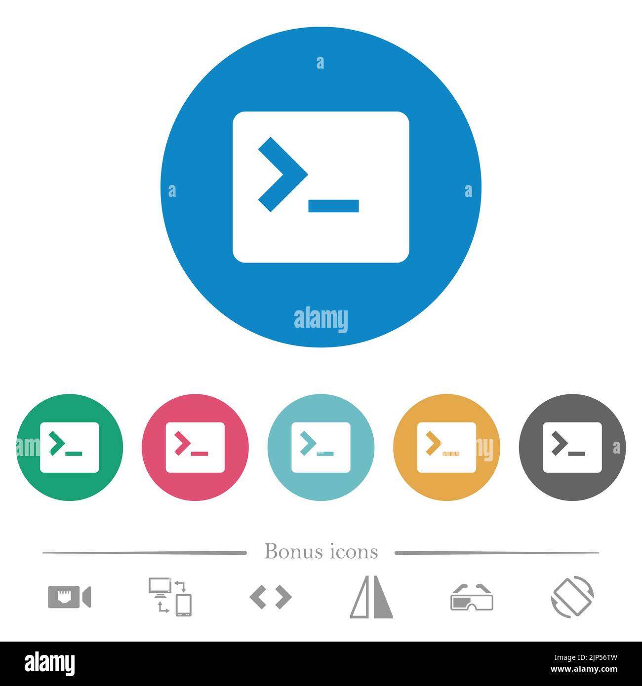 Command terminal flat white icons on round color backgrounds. 6 bonus ...