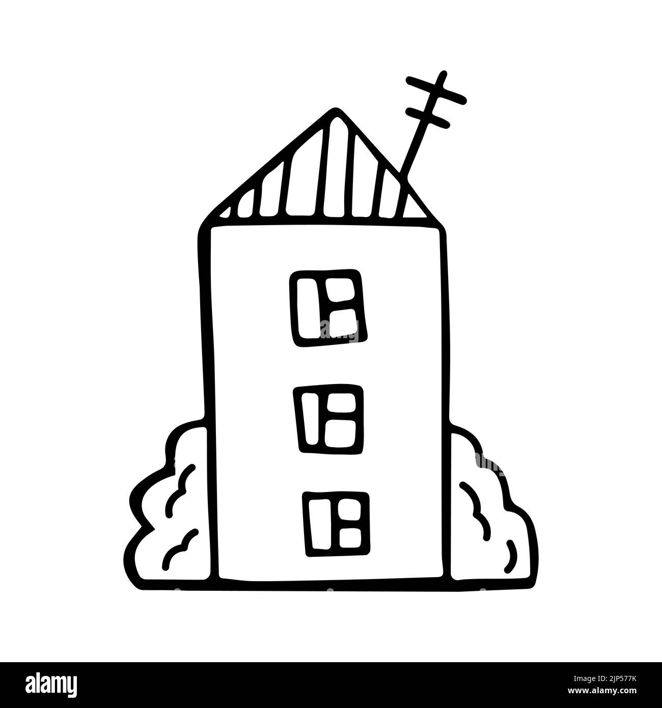 Multi-storey house drawing linear isolated. Three story house with windows, antenna and bushes. Cute doodles. Hand drawn vector illustration in cartoo Stock Vector