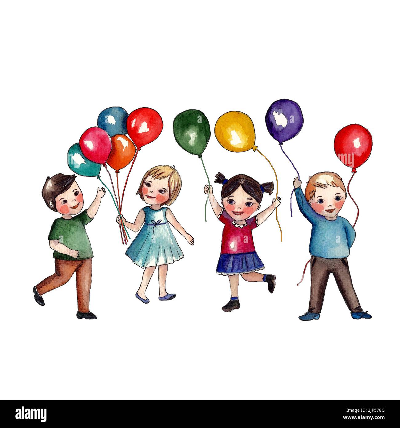 Watercolor Hand drawn bright illustration of children with colorful balloons. Isolated on white background,nice for birthday,valentine day card Stock Photo