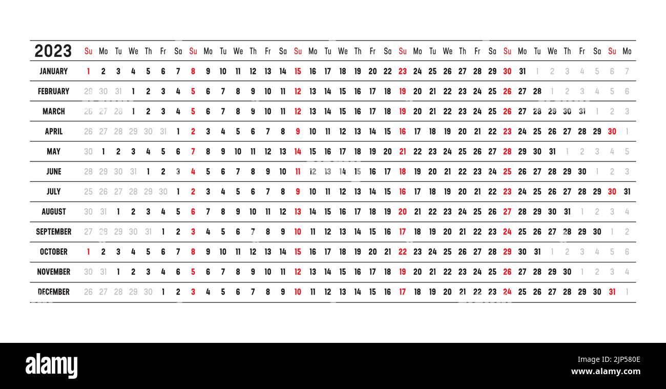 Year 2023 wall calendar with aligned dates. One page vector template, linear and horizontal design. Stock Vector