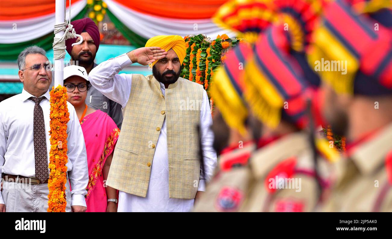 Ludhiana, India. 16th Aug, 2022. LUDHIANA, INDIA - AUGUST 15: Punjab CM Bhagwant Mann inspects the parade during 76th Independence Day celebrations, at Guru Nanak Stadium, on August 15, 2022 in Ludhiana, India. (Photo by Gurpreet Singh/Hindustan Times/Sipa USA ) Credit: Sipa USA/Alamy Live News Stock Photo